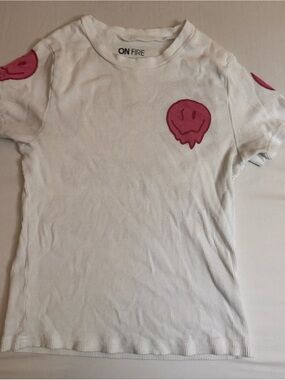 On Fire White Short-Sleeve Tee with Pink Drip Smile Patches